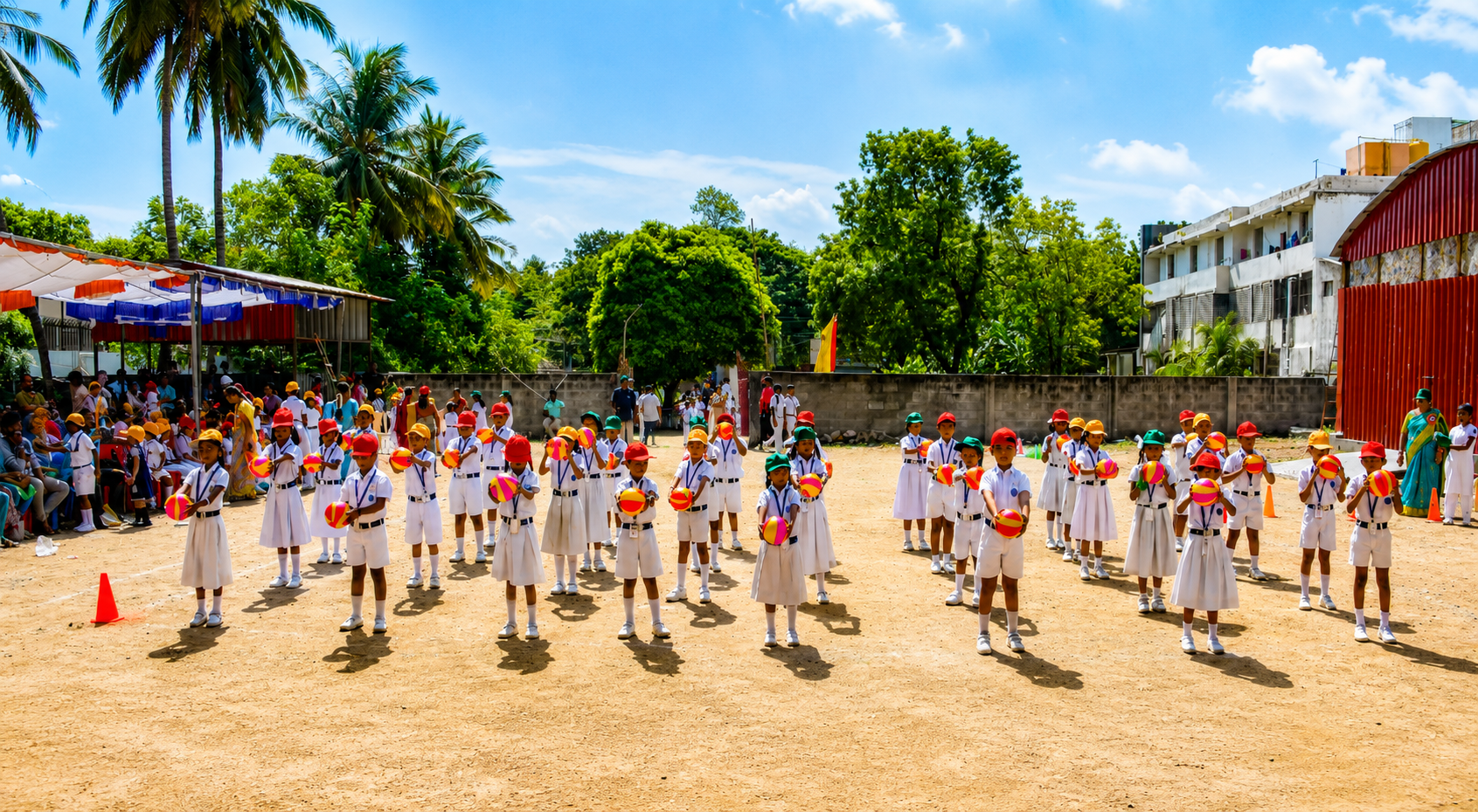 Students assembled on the campus sports ground at Vadapalani Matriculation Higher Secondary School